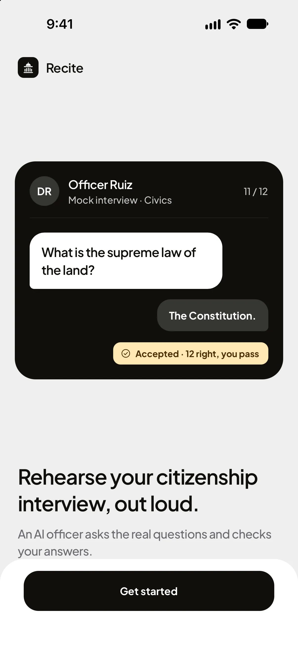 Recite welcome screen: Officer Ruiz asks “What is the supreme law of the land?” and the answer is accepted
