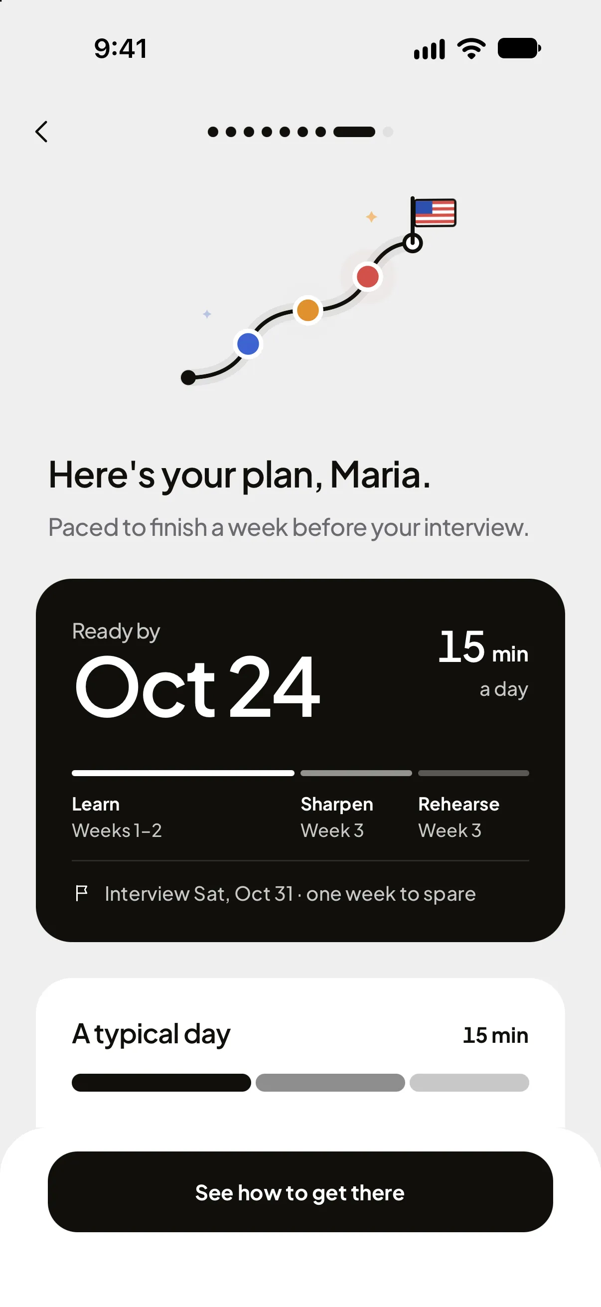 Plan screen: ready by October 24, fifteen minutes a day